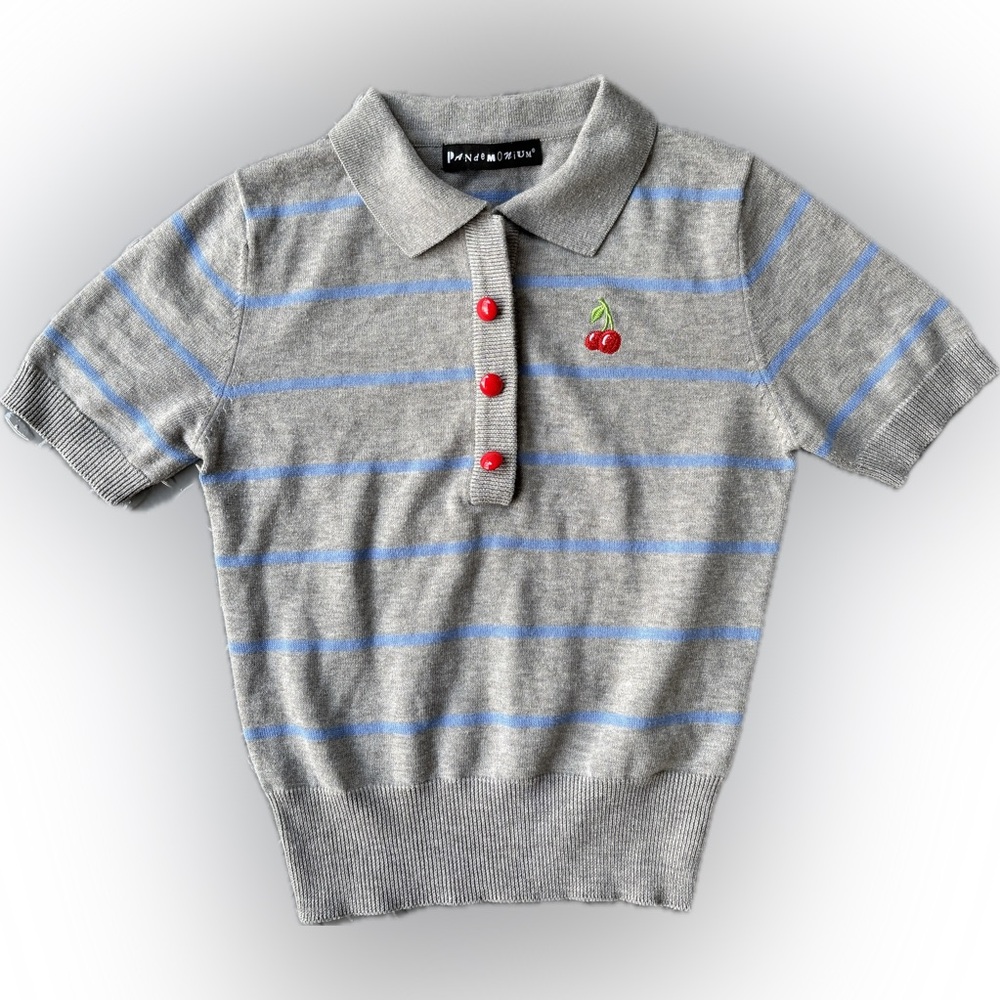 Gray and Blue Striped Short Sleeve Polo Knit with Cherry Embroidery🍒🍒